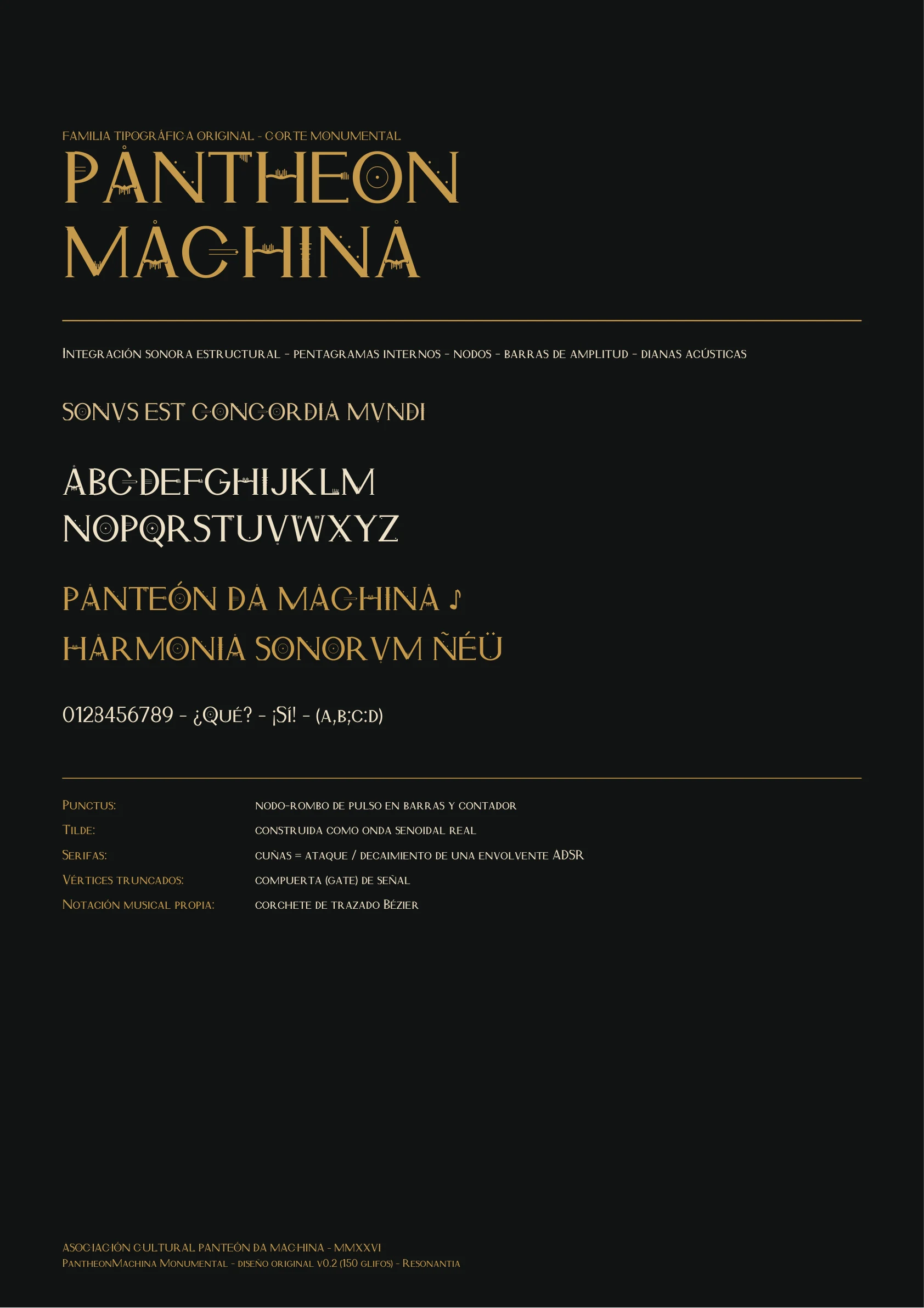 Lámina specimen de PantheonMachina Monumental: alfabeto completo con integración sonora estructural